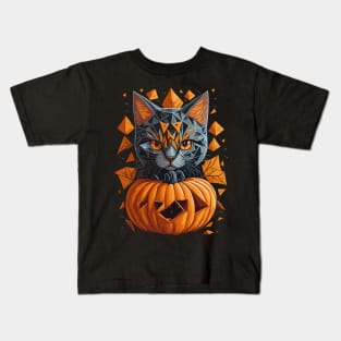 Geometric Halloween Cat on Pumpkin Kids T-Shirt